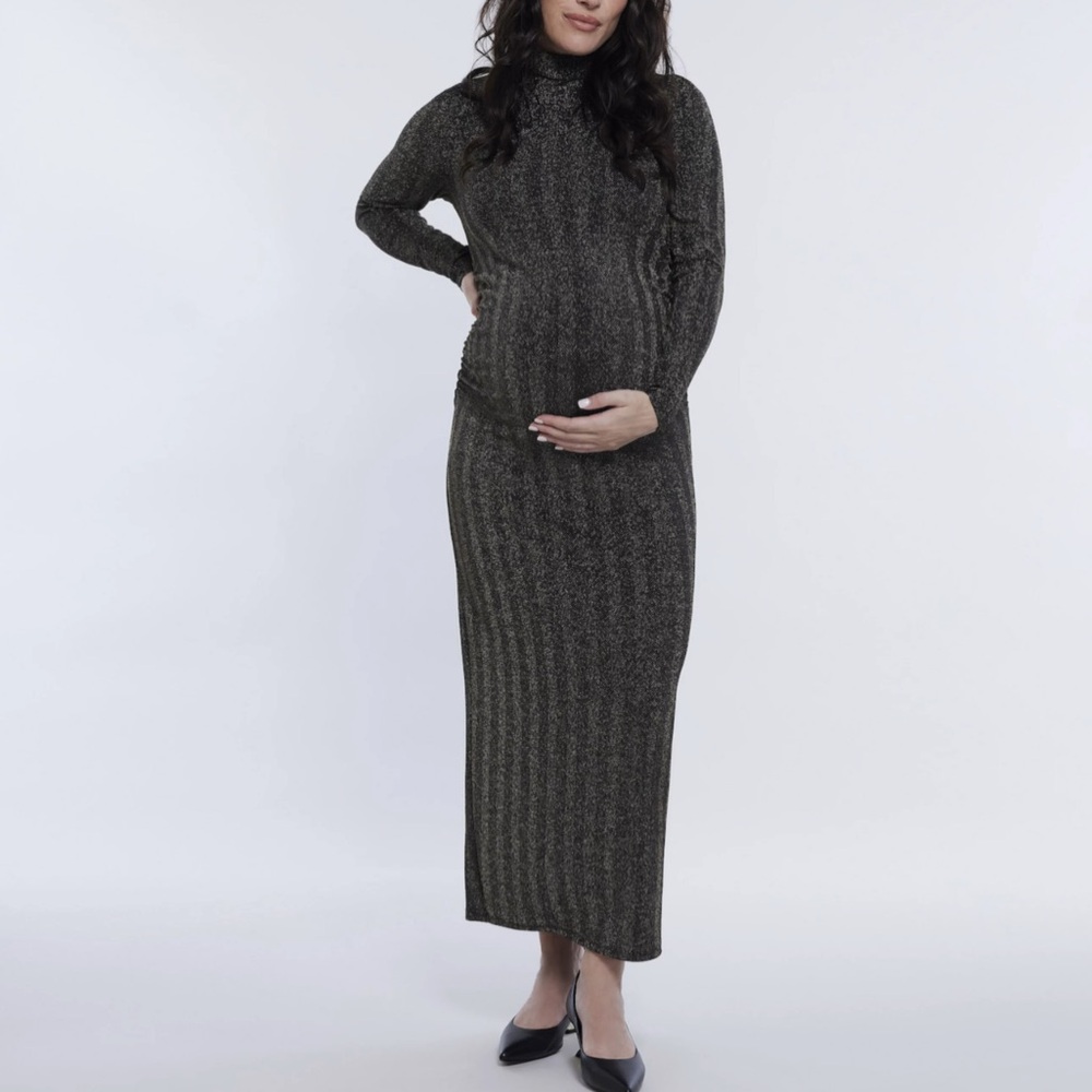 Maternity Turtleneck Long Sleeve Maxi Dress — Black Metallic